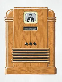 One Object Prints: 1940s television with small screen embedded in wooden case, front view