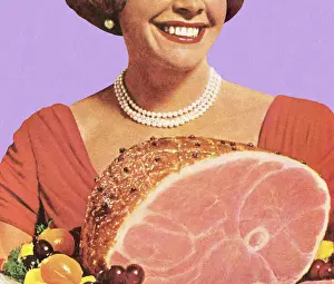 1950s housewife holding a ham dinner, smiling