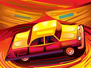 Charles Harker Art And Photography Prints: 1950s Low Rider style Car in Swirling Orange cartoon Landscape Illustration