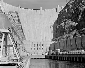 Prints of 1950s SHOT OF HOOVER DAM TAKEN FROM END OF CONCRETE PIERS WHERE TRANSFORMERS ARE LOCATED BORDER BETWEEN ARIZONA AND NEVADA USA (Photo by May/ClassicStock/Getty Images) A Timeless Collection of Hoover Dam Photography: 1950s SHOT OF HOOVER DAM