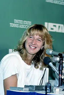 Prints of FLUSHING, NY - CIRCA 1988: Steffi Graf during the 1988 U.S. Open Tennis Tournament in Flushing, Queens. (Photo by PL Gould/IMAGES/Getty Images) The Grand Slam Gallery: 1988 U.S. Open Tennis Tournament