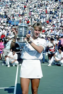 Prints of FLUSHING, NY - CIRCA 1988: Steffi Graf during the 1988 U.S. Open Tennis Tournament in Flushing, Queens. (Photo by PL Gould/IMAGES/Getty Images) The Grand Slam Gallery: 1988 U.S. Open Tennis Tournament