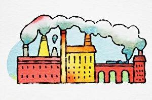 19th century factory buildings with smoke billowing from chimneys