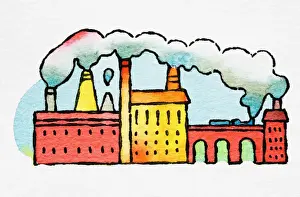 Factory Prints: 19th century factory buildings with smoke billowing from chimneys
