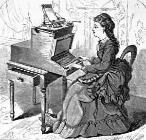 Typing Prints: 19th-Century Woodcut of a Young Woman Typing