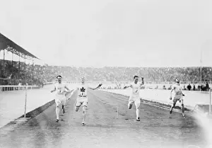 Prints of Finishing in the same order as their numbers are the winner, Robert Kerr (1) of Canada; Robert Cloughen (2) and Nat Cartmell (3), both of the USA; and George Hawkins (4) of the UK Capturing Glory: A Journey Through Olympic History: 200-Meter Run at 1908 Olympics