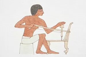 Dorling Kindersley Prints Gallery: 2500 BC Egyptian carpenter drilling into a chair by twisting a bow string around a shaft, side view