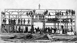 Construct Prints: 521, adults, antique, black & white, building, construction, construction site, crowd