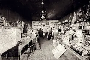 521, adults, antique, black & white, caucasian, counters, country store, female, general store