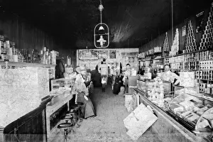 521, adults, antique, black & white, caucasian, counter, country store, female, general store