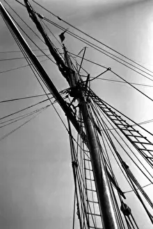 Vintage Black And White Prints: 521, antique, black & white, boat, historical, ladders, low angle view, mast, nobody