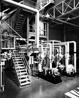 Factory Prints: 521, boiler room, black & white, factory, historical, generator, industry, machine