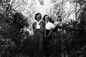 Fore Prints: 522, adults, antique, black & white, brunette, caucasian, females, forest, friends