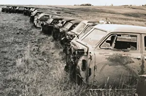Vintage Black And White Prints: Abandoned Cars in a Row in a Field