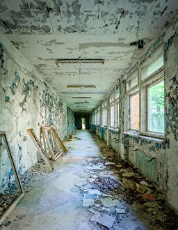Eerie, Haunting, Abandon, Chernobyl Gallery: Abandoned school corridor in the Chernobyl Exclusion Zone, Pripyat, Ukraine