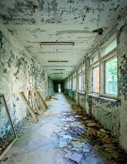 Abandoned school corridor in the Chernobyl Exclusion Zone, Pripyat, Ukraine