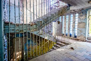 Abandoned school stairway in the Chernobyl Exclusion Zone, Pripyat, Ukraine