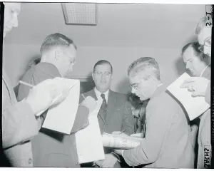 Allen Prints: Abba Eban Speaking to Press