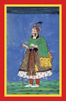 Persian Prints: Abdullah Quṭb Shah in a white tunic, a patterned sash