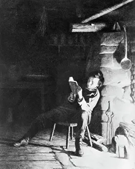 Abraham Lincoln as A Young Man Reading Near Fireplace