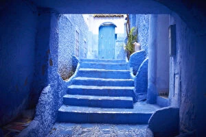 Staircase Collection: absence, ancient civilization, blue, building, Chefchaouen, color image, copy space
