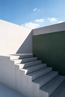 Abstract architectural corner staircase with sun rays effect, 3D rendering