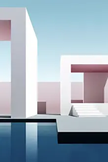 Abstract Architecture 3d render with buildings and stairs and Sky in background