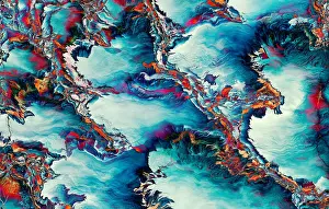 Abstract Distorted Blue Red Fractal Wavy Glitch Texture Colorful Background. Geometric Futuristic