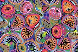 Prints of Magic Mushroom style. Spiral multi color psychedelic floral pattern constructed with vector. Red, orange and purple colored flower designs twirl in imaginary pattern of romantic rainbow Quirky Art Illustration Prints: Abstract Floral Style All-over Illustration Pattern