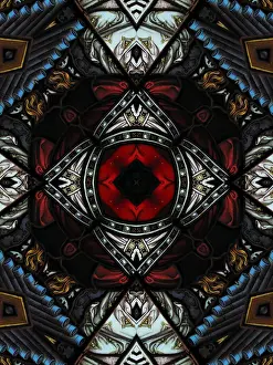 Abstract image: kaleidoscopic image of a colored stained glass window inside a church