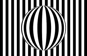 Black Color Prints: Abstract op art: sphere refracting parallel lines in front of a striped black and white background