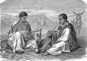Abyssinia, Local peasants smoking a pipe and playing a musical instrument, 1869, Ethiopia, Historic, digitally restored reproduction of an original 19th century print, exact original date unknown