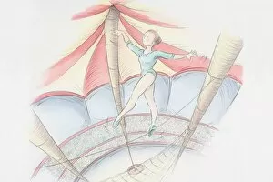 Acrobat in green leotard and shoes balancing on tightrope near the roof of circus tent high above barely visible crowd