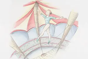 Tightrope Prints: Acrobat in green leotard and shoes balancing on tightrope near the roof of circus tent high above barely visible crowd