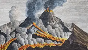 Artistic Prints: Active volcano Vesuvius, hand-coloured copperplate engraving from Friedrich Justin