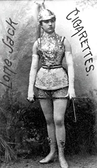 Actress dressed in soldier uniform, on Lone Jack Cigarettes tobacco card, 1887