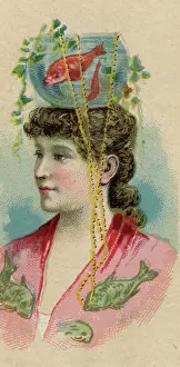 Actress Madge Bannister, wearing goldfish bowl as a hat, on cigarette card, 1887