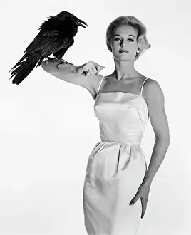 Eerie Prints: Actress Tippi Hedren Posing with a Raven