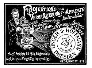 Advertisement of the company Unger und Hoffmann for projection devices and enlargers, lantern pictures and oxygen lamps, 1890, Germany, Historic, digitally restored reproduction of an original from the 19th century, exact original date not known