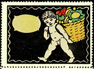 Advertising Label Prints: Advertising stamp with putto with a huge fruit basket