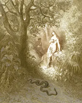 Prints of Colorized illustration (after Gustave Dore) depicts Adam, Eve, and the snake in the Garden of Eden, circa 1880s. The illustration originally accompanied John Milton's Paradise Lost Dark Elegance: The Art of Gustave Doré: Adam And Eve And The Snake