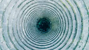 An aerial daytime view of a sinkhole in the Ladybower Reservoir - stock photo