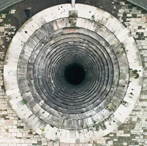 An aerial daytime view of a sinkhole in the Ladybower Reservoir - stock photo