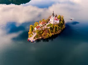 Images Dated 13th April 2018: Aerial drone view of Bled island in autumn, Slovenia