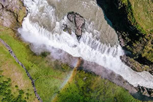 Tourist Attraction Gallery: Aerial drone view of famous Gullfoss waterfall, Iceland
