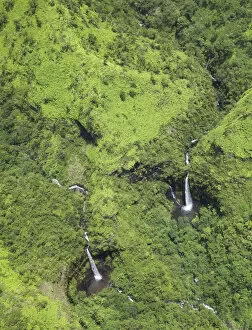 Aerial of forested mountains and waterfalls, Kauai, Hawaii, USA
