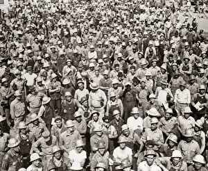 Waist Up Prints: Aerial Of Large Group Of Men Tva Construction Workers Wearing Hard Hats