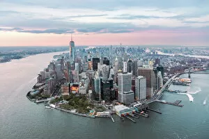 Manhattan Gallery: Aerial of lower Manhattan at sunset, New York, USA