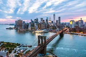 East River Collection: Aerial of New York city and Brooklyn bridge at dusk