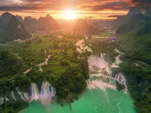 Scenery Prints: Aerial view of Ban Gioc Waterfall is the most magnificent waterfall in Trung Khanh District